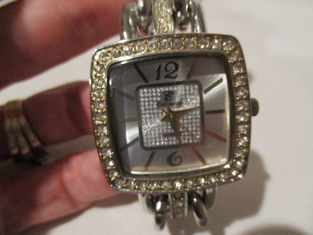 CELEBRITY 2 Tone Bracelet Watch International w/Rhinestones on Bracelet & Bezel