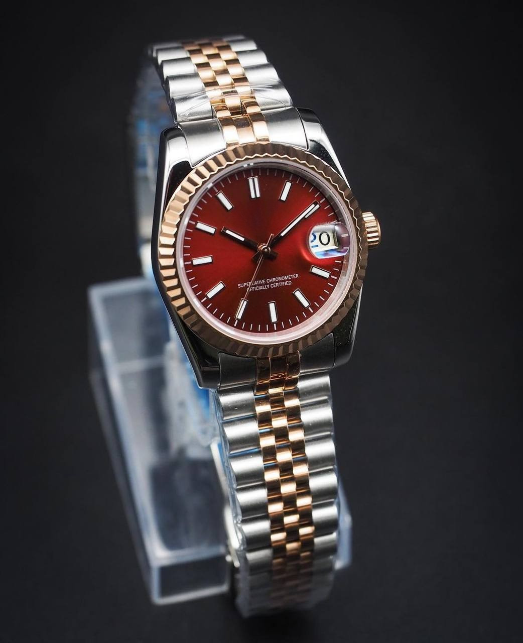 Custom Built Burgundy Dial Two Tone Automatic Date Watch Authentic NH35