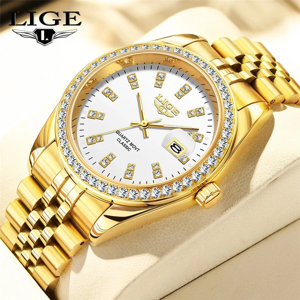 LIGE Men Quartz Watch Full Gold Steel Wristwatch Male Business with Date Watches