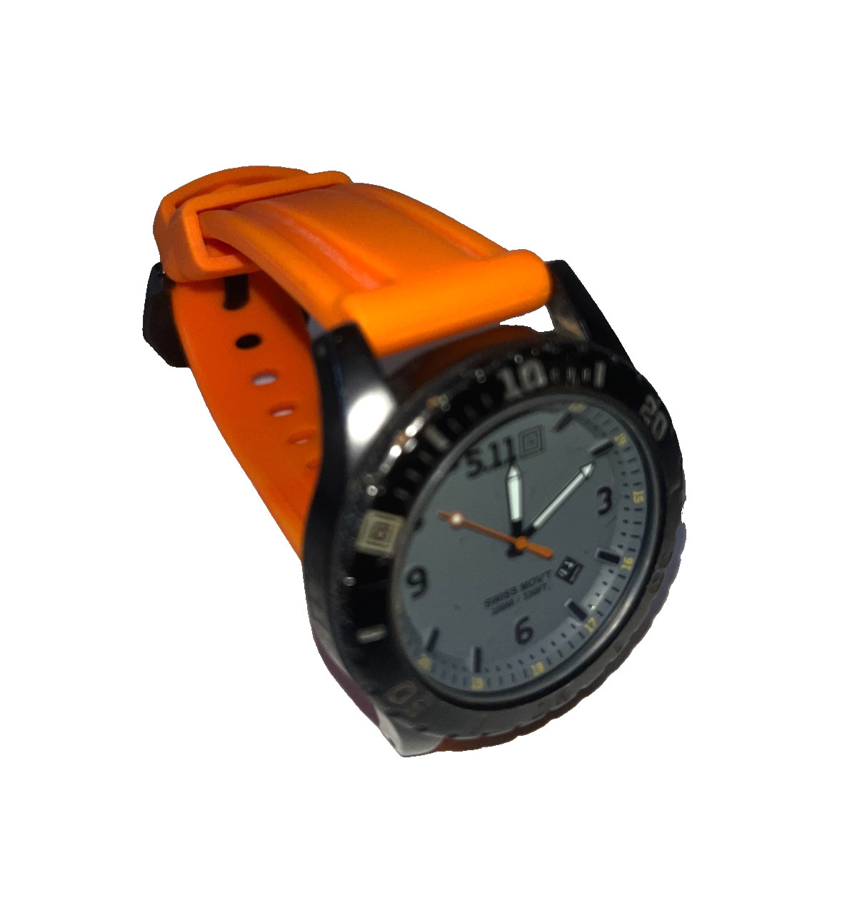5.11 Analog Mens Sports Wristwatch Gray Dial Orange Band Stainless Steel 50133