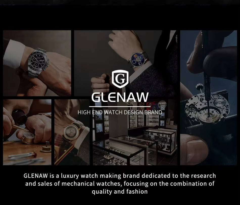 GLENAW Mechanical Men’s Watch Moon Surface Dial Luminous Spaceship Pointer 3ATM