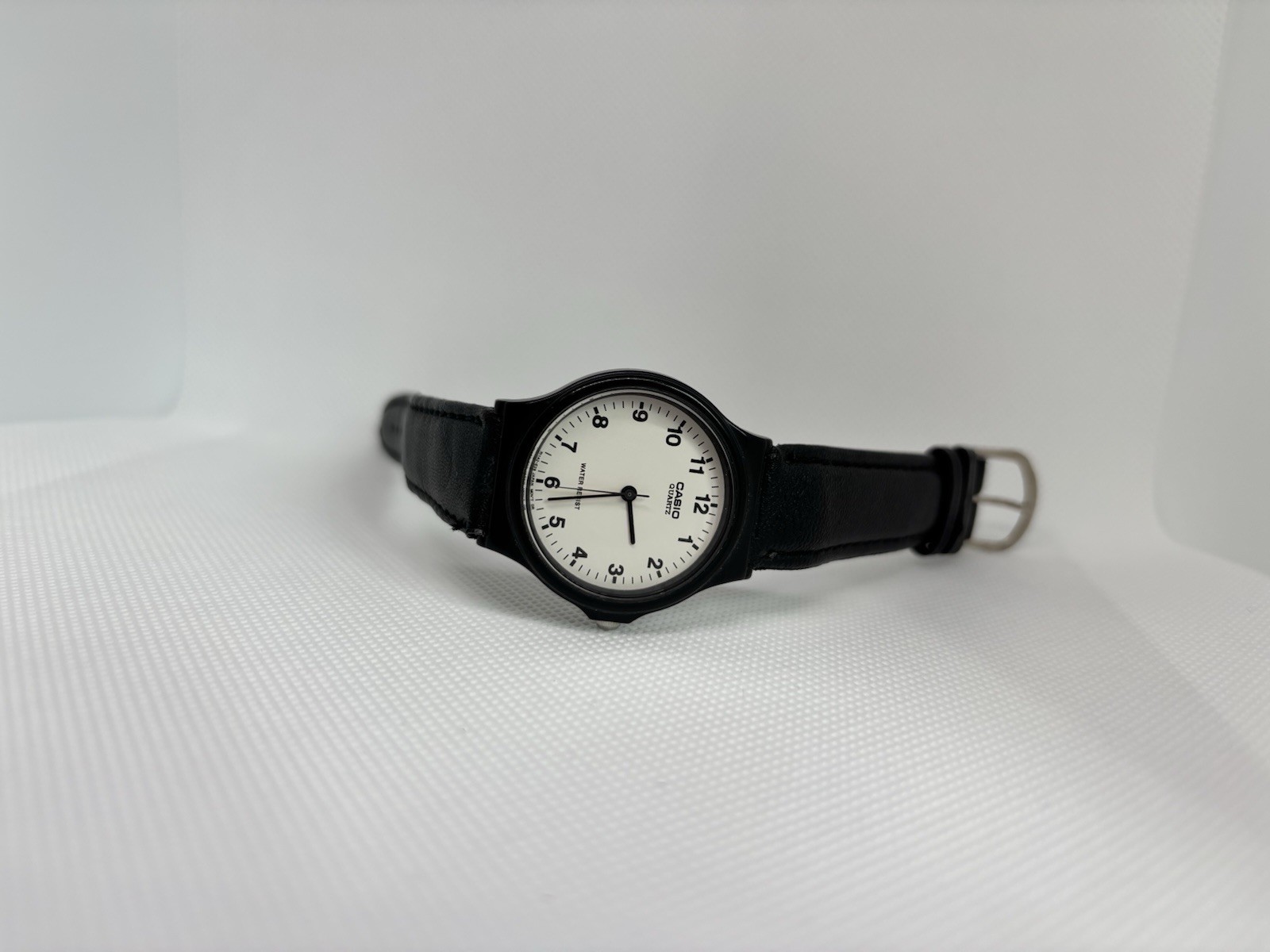 Casio MQ-24 34mm Quartz White Dial Black Resin Case Black Leather Strap