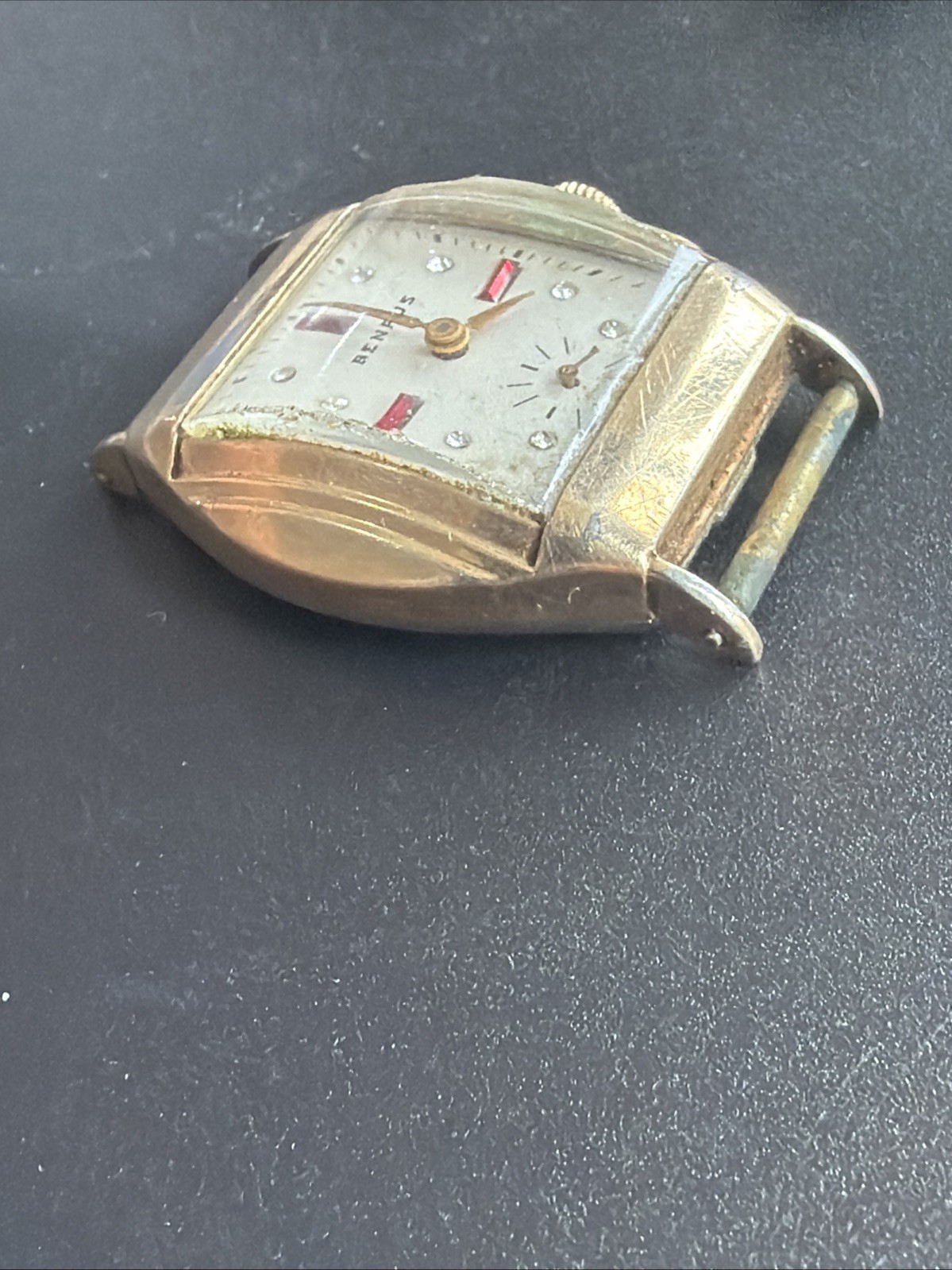 AZ99 Benrus Mens Rolled Plate Ruby Dial Mechanical Watch Tank Parts Repair As Is