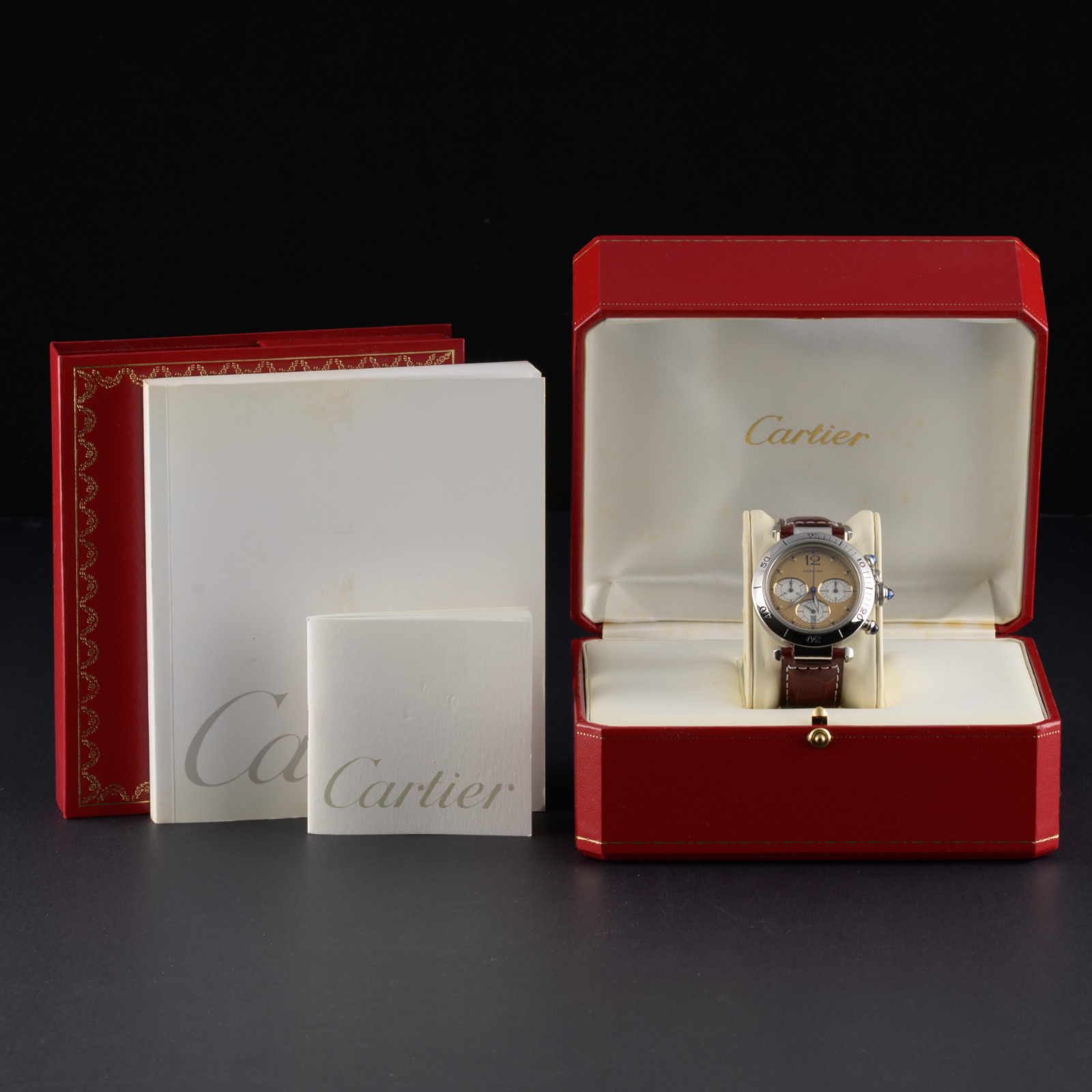 Serviced Cartier Pasha Chronograph 4030 Brown Dial 38mm Quartz Watch + Box
