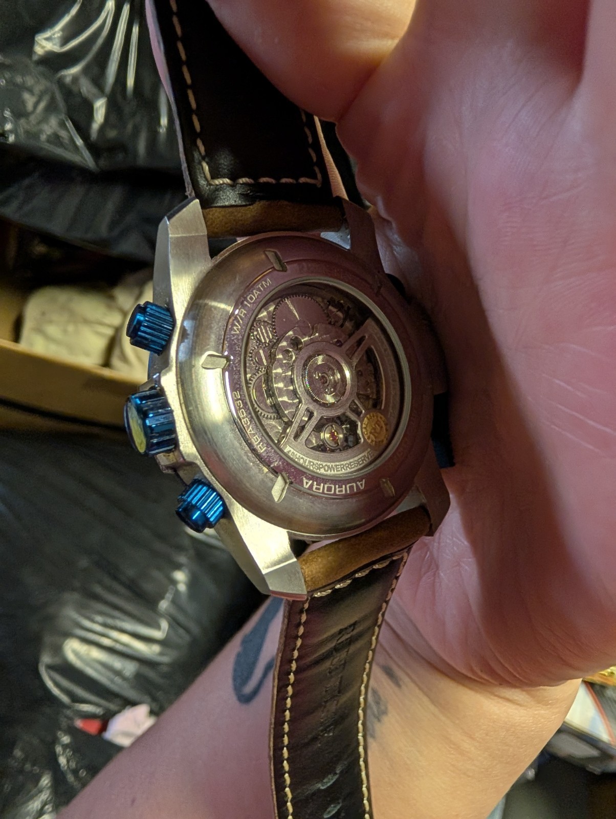 Reef Tiger Aurora Automatic Men’s Watch Blue Dial Brown Leather Strap 100m