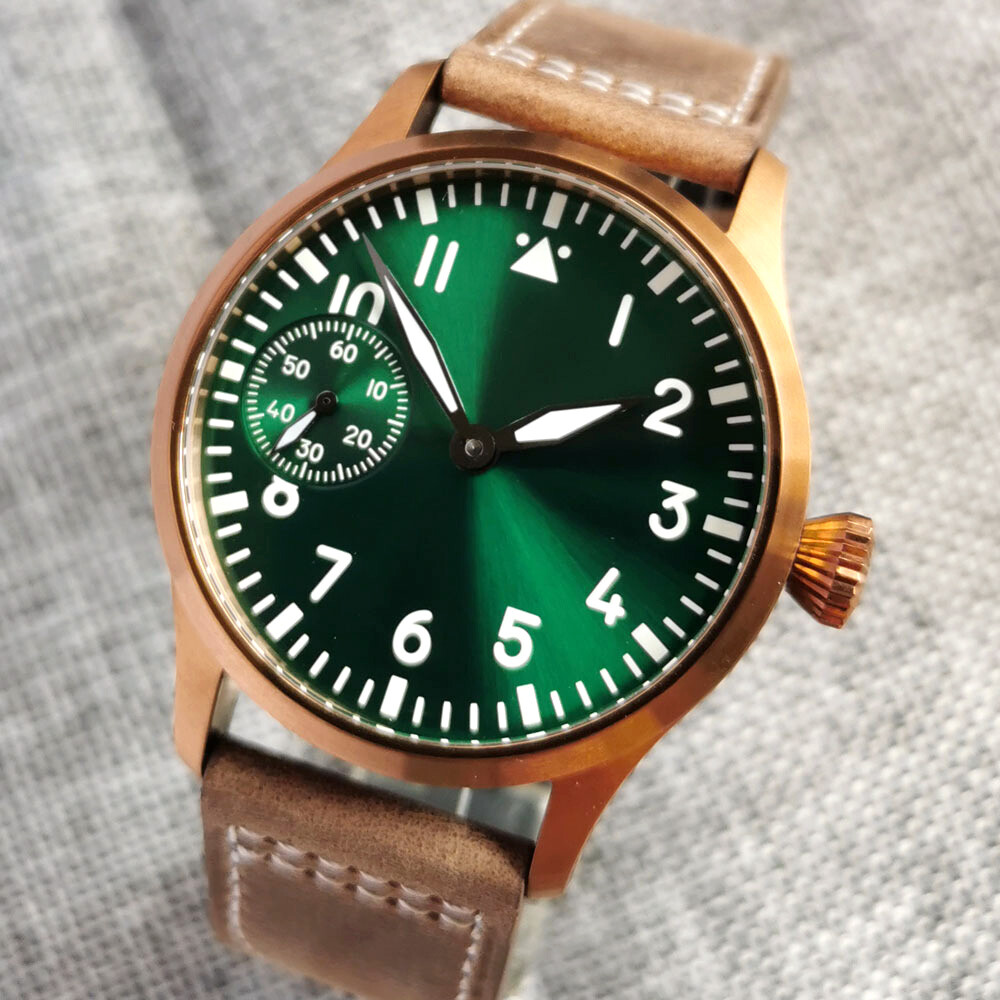 Bronzed PVD Mechanical Hand WInding Men Watch Sunburst Blue Green Dial Luminous