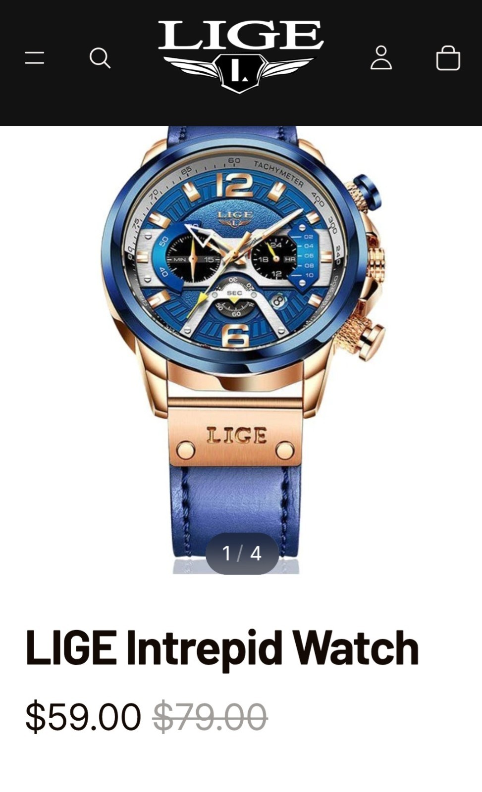 LIGE Men’s Chronograph Quartz Watch Blue Dial Black Leather Strap Box Papers