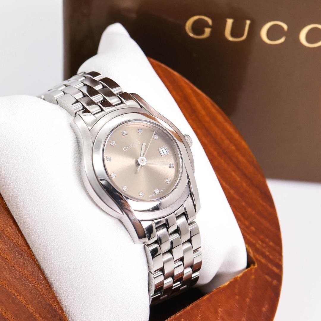Working GUCCI Wristwatch 5500L 11P Diamonds Date Brown Box 3817