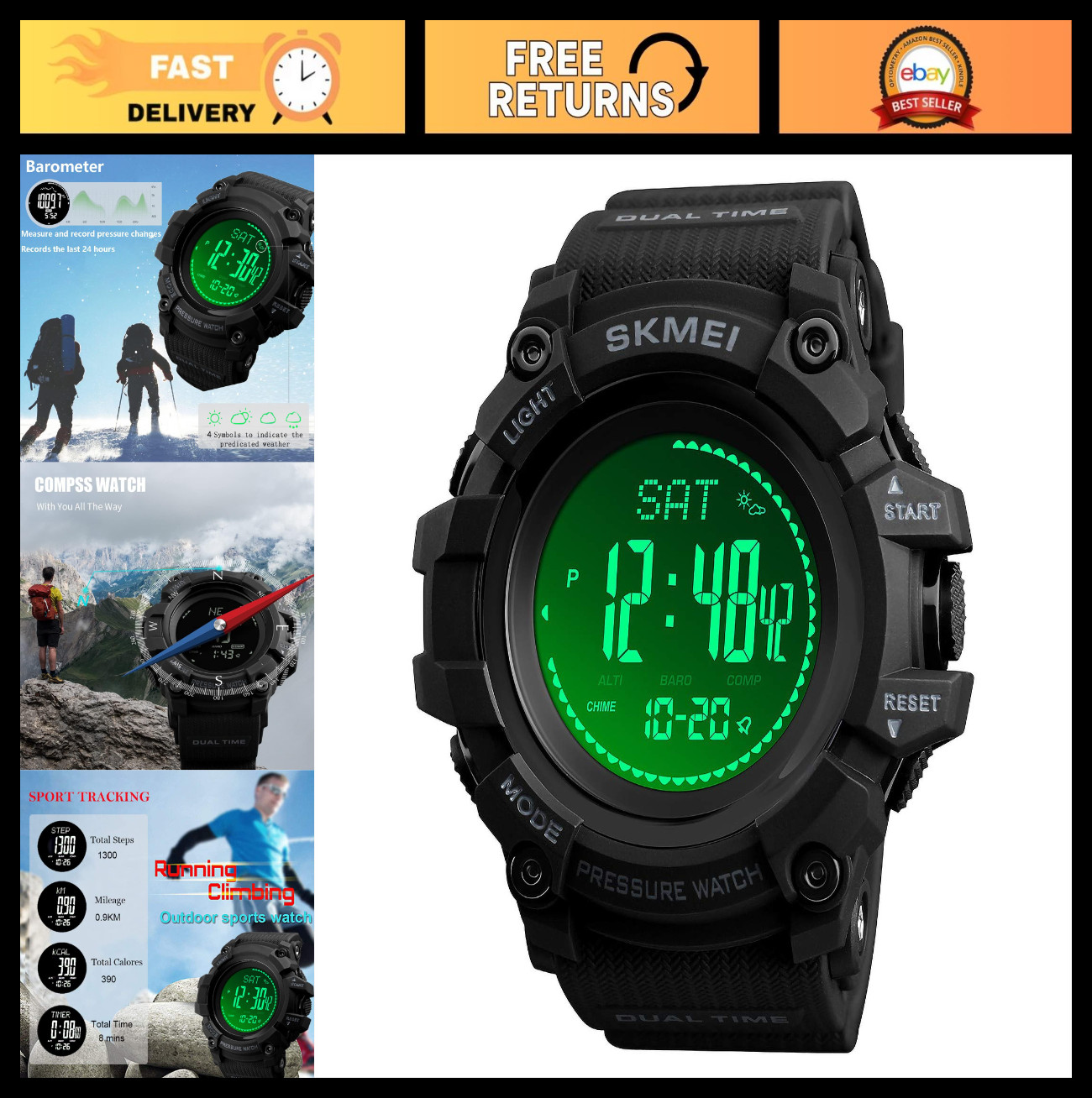 Digital Outdoor Sports Watch with Compass, Altimeter, Barometer, Thermometer, Pe