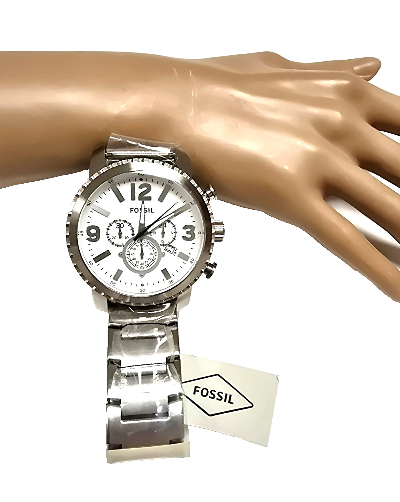 NEW FOSSIL SILVER TONE S/S,CHRONOGRAPH LARGE WHITE DIAL BRACELET WATCH BQ1653IE
