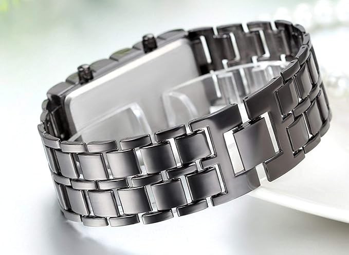 LED Digital Watch, Black & Blue Stainless Steel Lava Style, Samurai Bracelet
