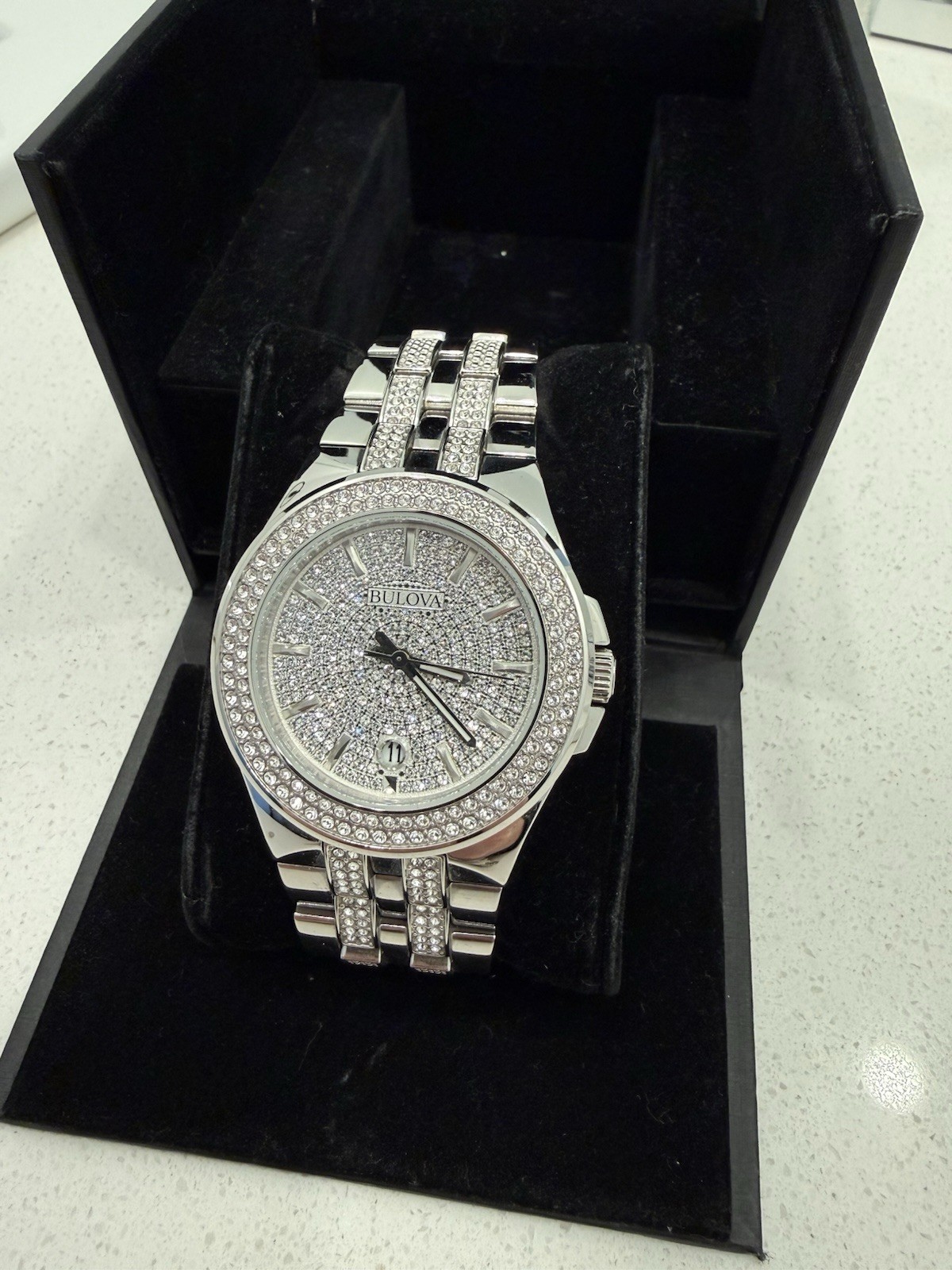 Bulova Phantom Mens Crystal Quartz Silver Stainless Steel Watch 42 MM 96B235