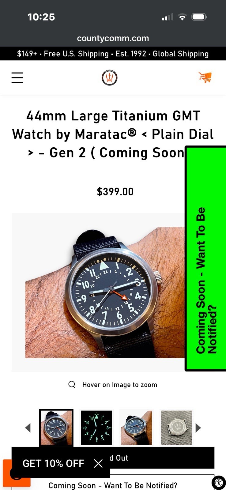 Maratac GMT 44mm Titanium Quartz GMT Watch Black Dial Black NATO Nylon Strap