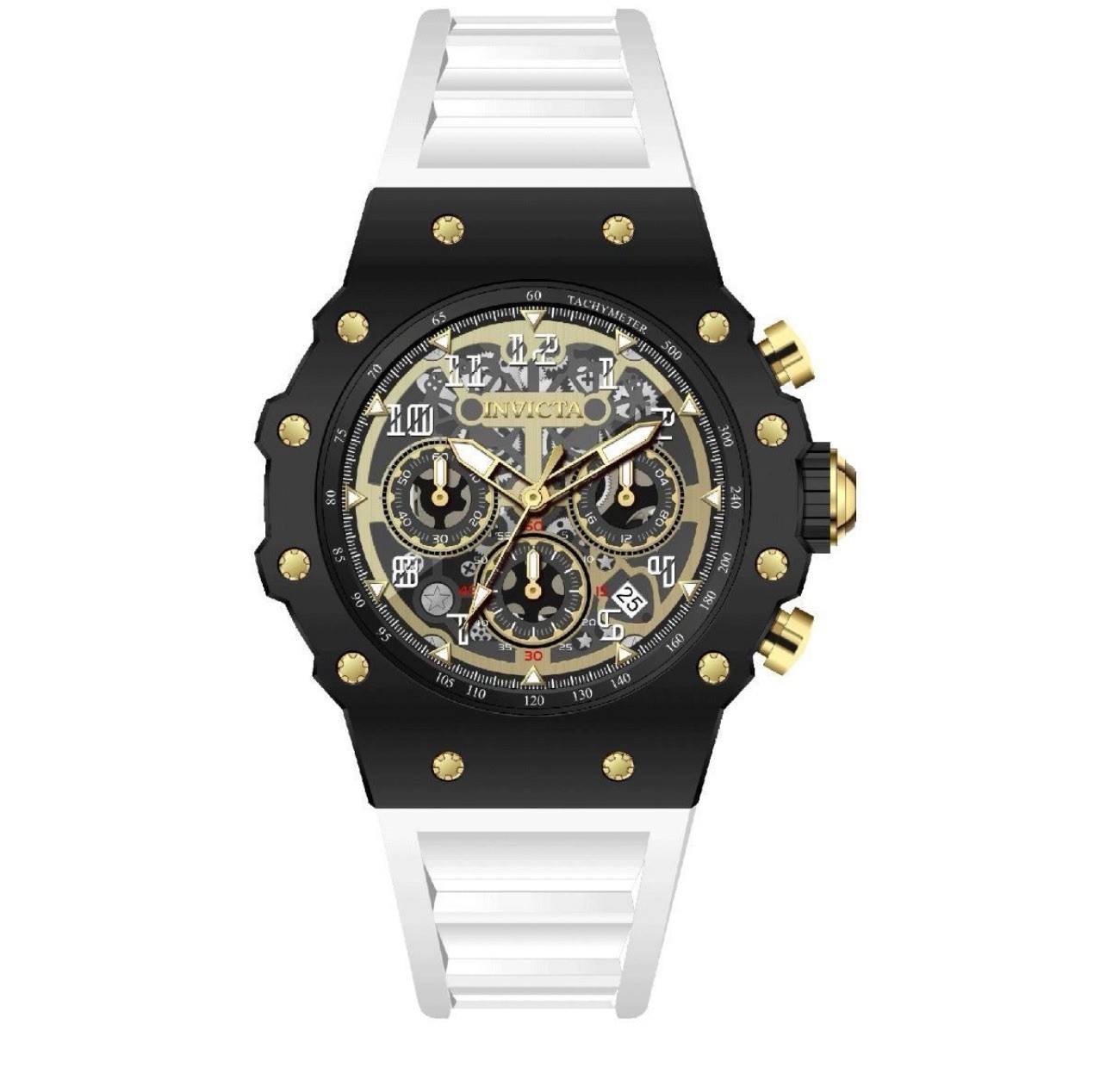 Invicta Men’s Analog Chronograph Tachymeter Black/Gold Dial White Strap Box