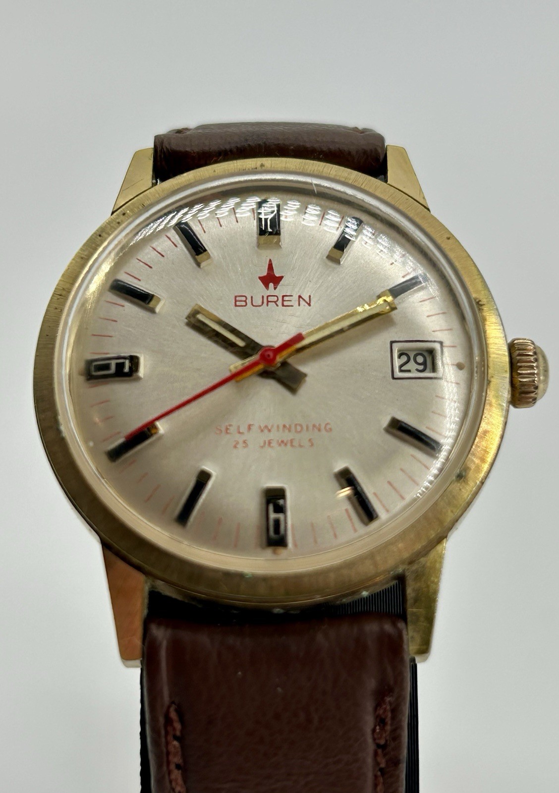 Vintage Buren Automatic 25 Jewel Date 34mm Swiss Gold Plated Original Dial Runs