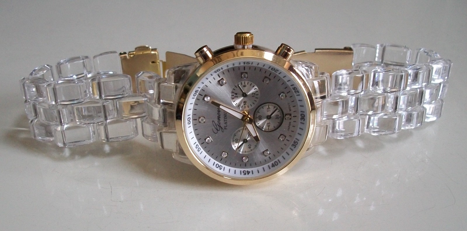 Women’s Fashion Clear & Gold Finish Boyfriend Geneva Casual Wrist Watch