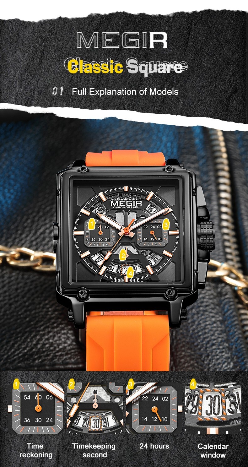 MEGIR Monaco Chronograph Calibre Homage Luminous Auto Date Square Men’s Watch