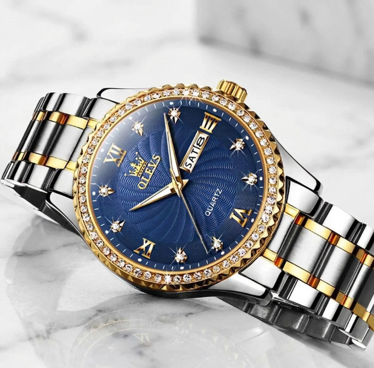Men Luxury Blue Dial Business Watch Stainless Jewel Bezel Analog Date Wristwatch