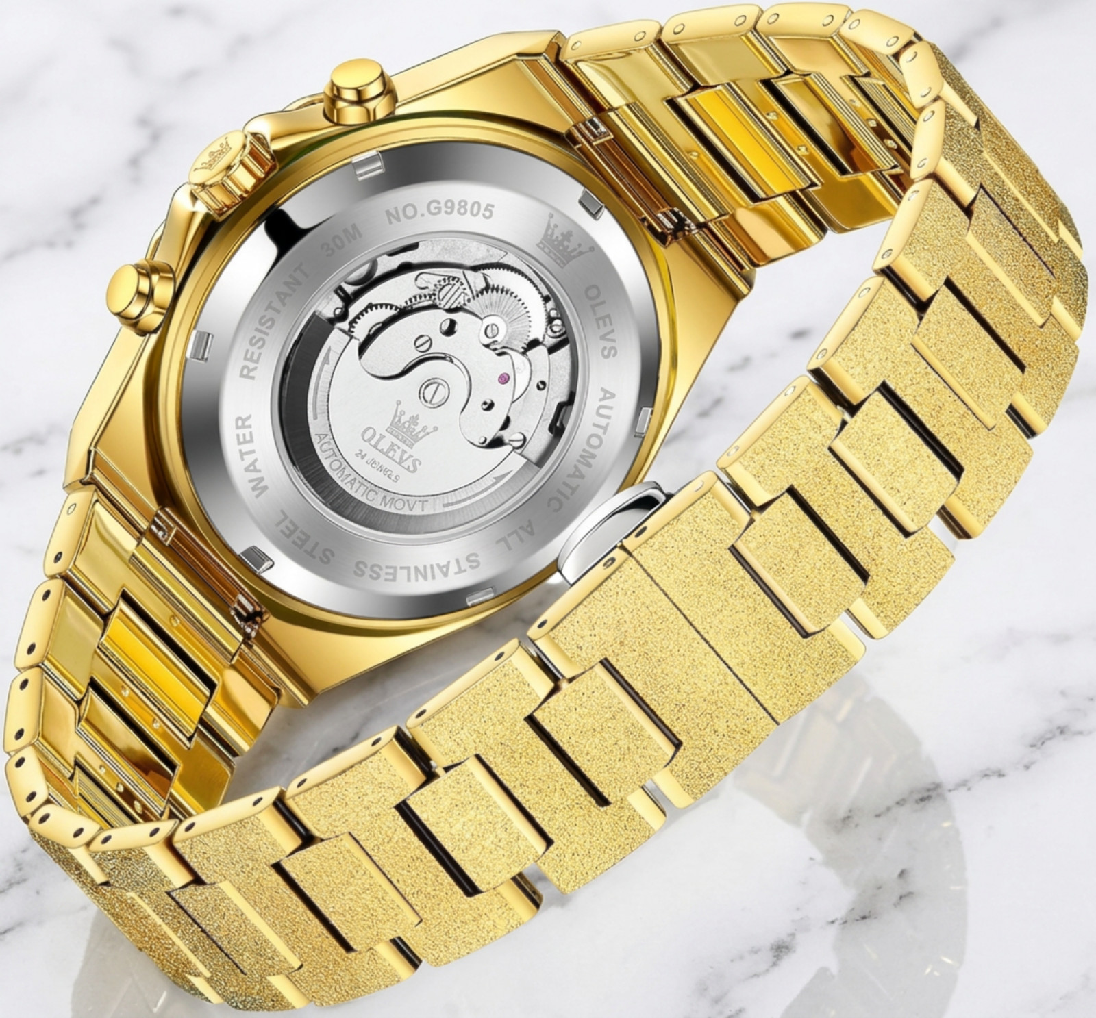 Men’s Luxury Jewel Business Watch Self Winding Wristwatch Gold Dial Bling Olevs