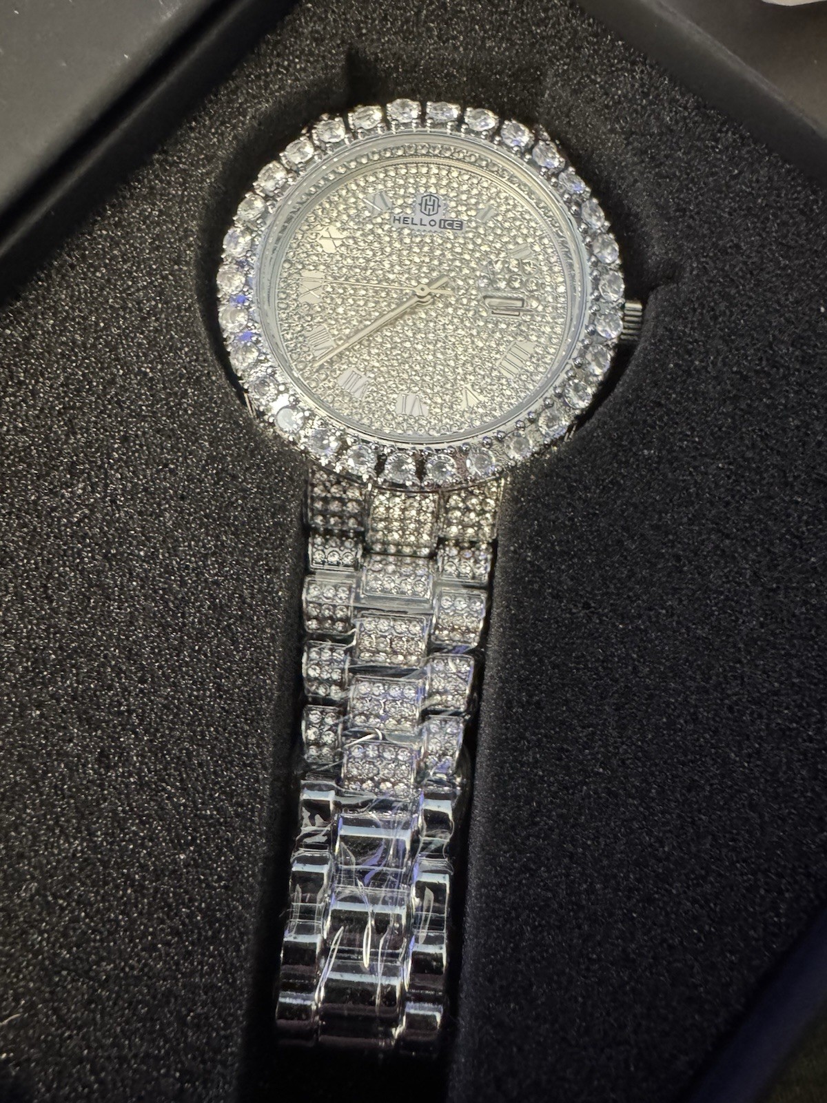 HELLOICE Iced-Out Silver Tone Roman Numeral Date Quartz Watch w/ Box