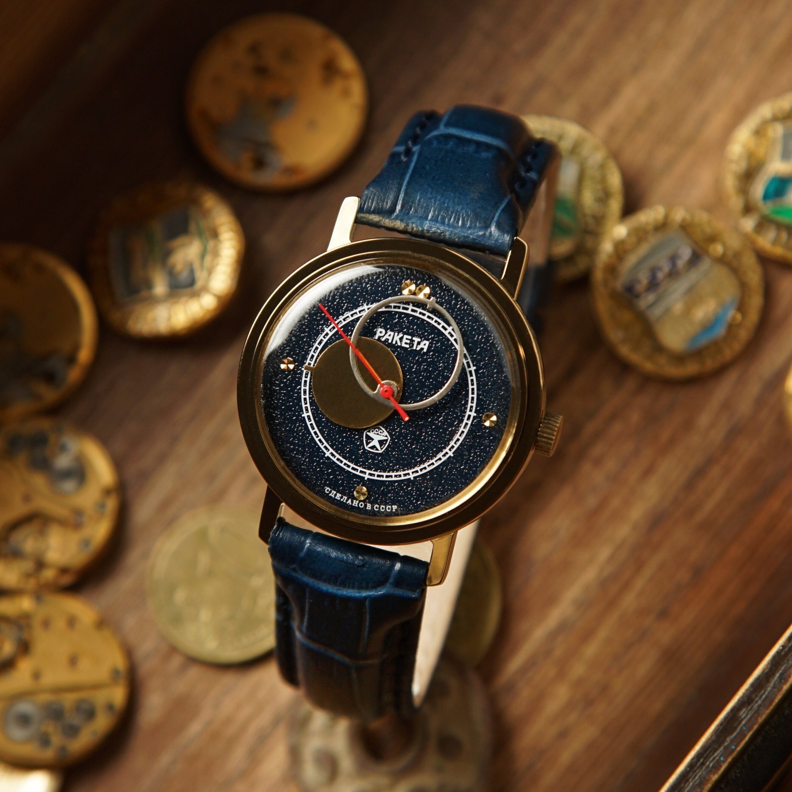 Raketa Copernicus 1980s Blue DIAL / Gold Case – Vintage 1980s Soviet Watch USSR