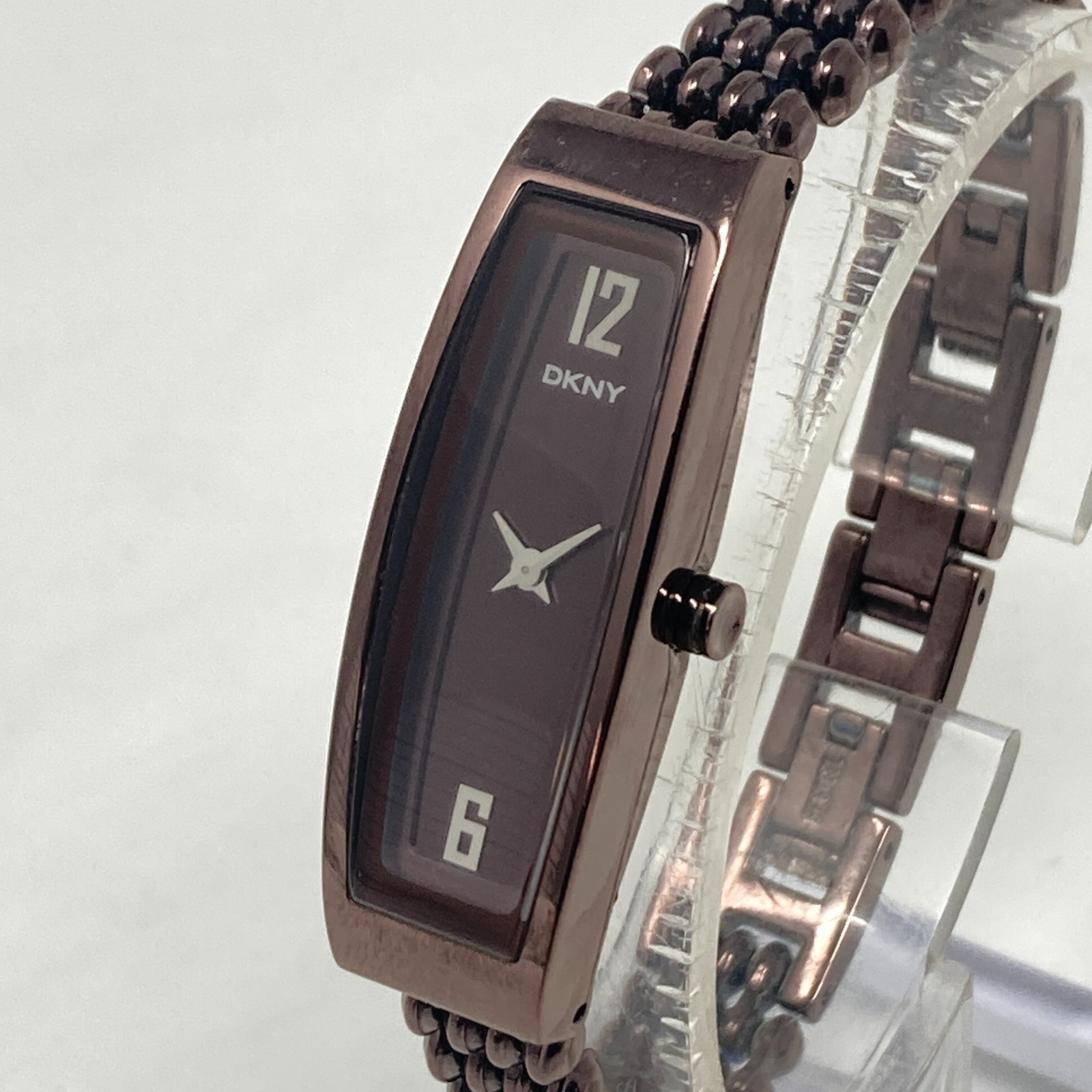 DKNY Watch Women 14mm Brown Metallic Beaded Band Elongated New Battery 6.25″