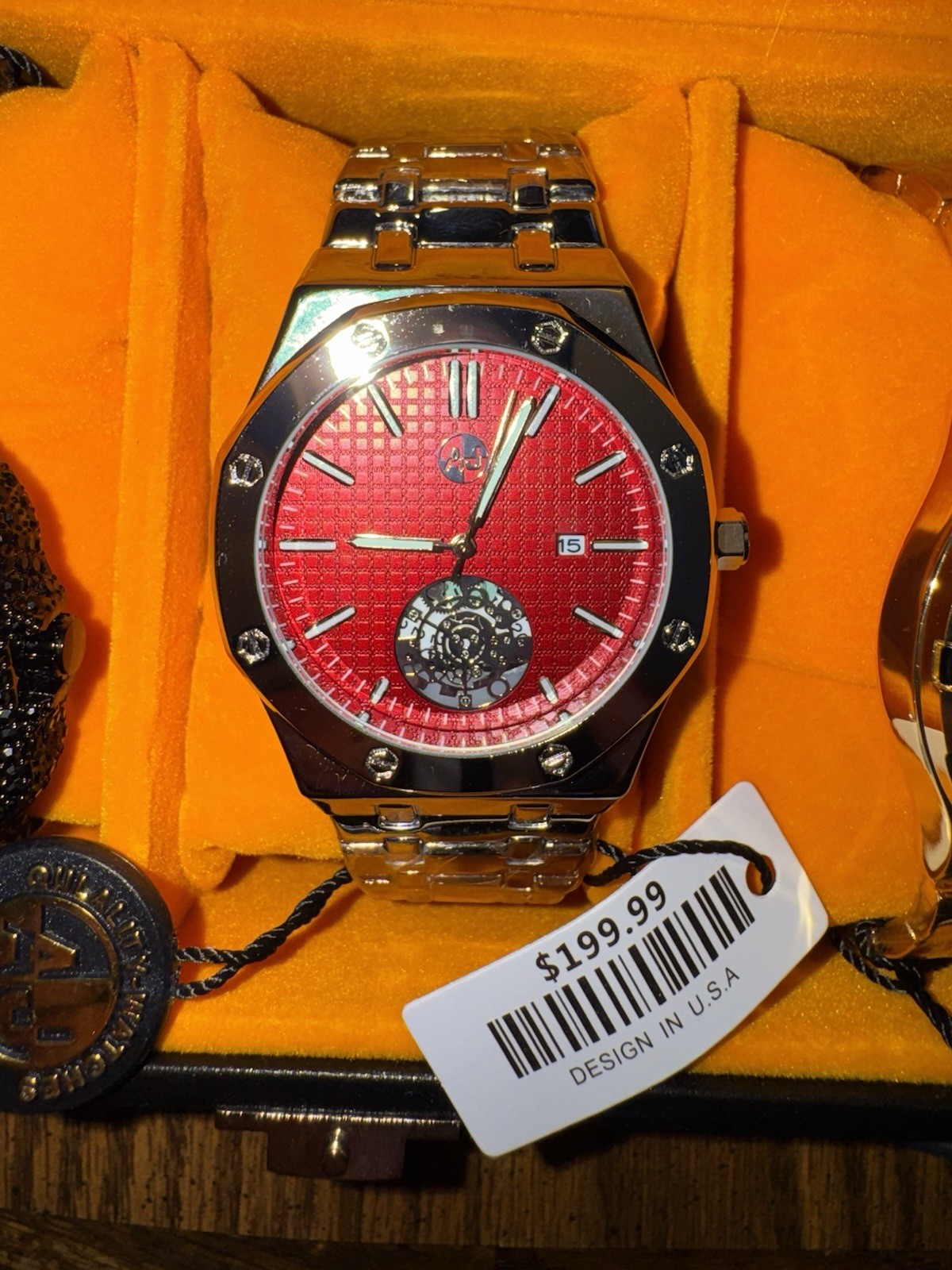AJ Time-Master Men’s Octagon Red Textured Dial Quartz Date Silver Bracelet